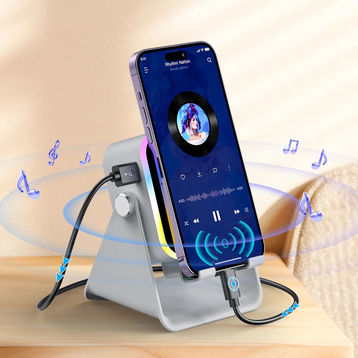 [Dealsforyoudays] PUTARE Wireless Induction Audio Speaker Stand, 5In1 Cellphone Holder, 3500Mah Rechargeable Emergency Power Bank,360° Adjustable Mobile Tablet Stand with Colorful Ambient Light Gifts for Men Women Summerwins
