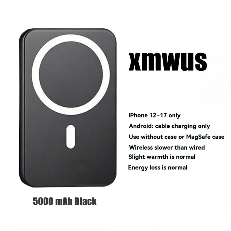 5000mAh Magnetic Power Bank for iPhone 12-17 Series, Compatible with MagSafe and Non-MagSafe Cases, Portable Wireless Charger by Summerwins