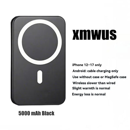 5000mAh Magnetic Power Bank for iPhone 12-17 Series, Compatible with MagSafe and Non-MagSafe Cases, Portable Wireless Charger by Summerwins