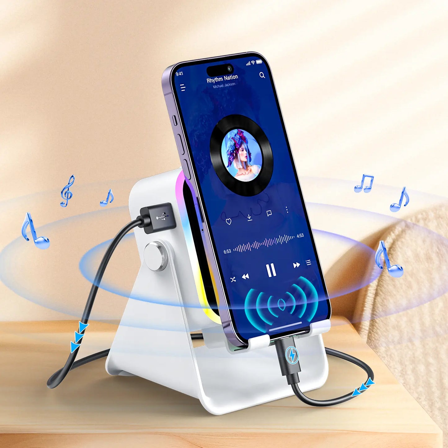 [Dealsforyoudays] PUTARE Wireless Induction Audio Speaker Stand, 5In1 Cellphone Holder, 3500Mah Rechargeable Emergency Power Bank,360° Adjustable Mobile Tablet Stand with Colorful Ambient Light Gifts for Men Women Summerwins