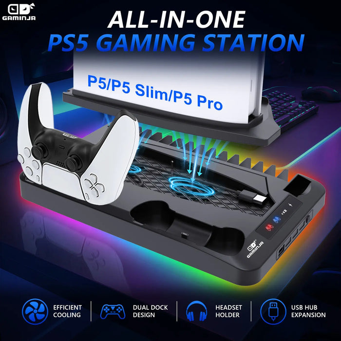 GAMINJA P58 Charging Base Cooling Bracket Compatible with PS5 Console, Vertical Stand Cooling Fan, Multi-Functional Cooling & Charging Station for PS5 Slim Pro All Model Universal