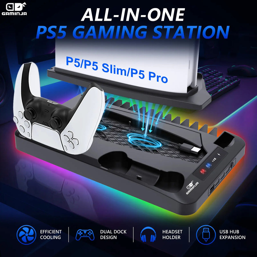 Multi-Functional Charging and Cooling Station for PS5 Console - Vertical Stand and Cooling Fan Compatible with All PS5 Models