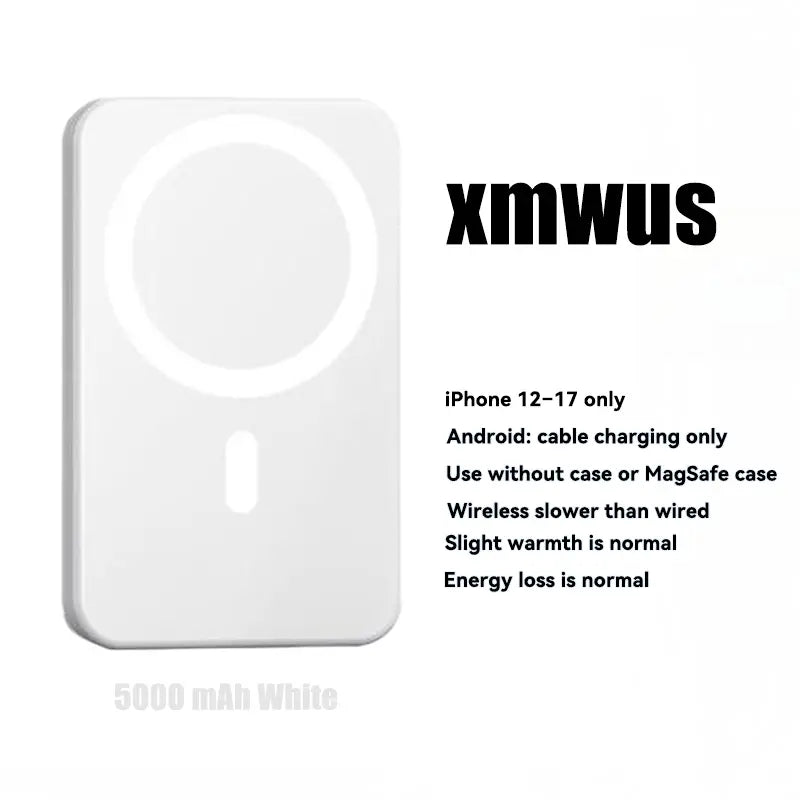 5000mAh Magnetic Power Bank for iPhone 12-17 Series, Compatible with MagSafe and Non-MagSafe Cases, Portable Wireless Charger by Summerwins